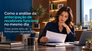 Mulher analisando documentos financeiros em escritório, ilustrando a análise de antecipação de recebíveis no mesmo dia.